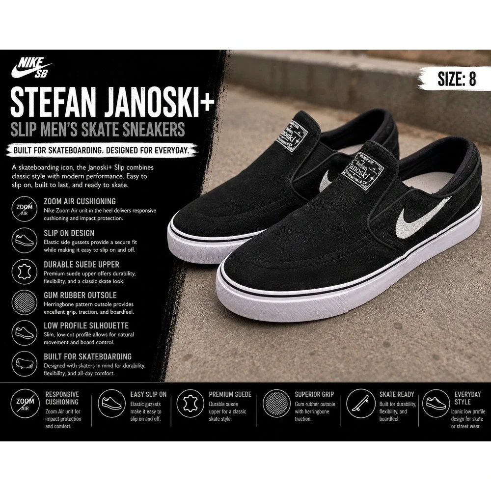 Nike SB Stefan Janoski+ Slip Men's Size 8 Black White Skate Sneakers FN5893-001